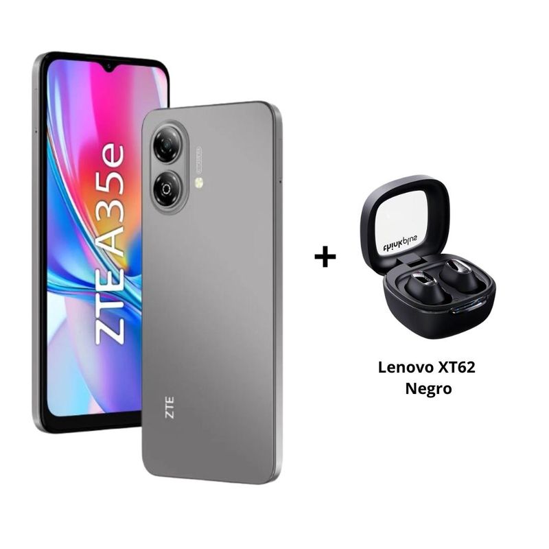 ZTE - CELULAR ZTE A35e 2GB RAM 64GB 5000mAh GRIS+ Audífonos TWS Lenovo XT62 Negro