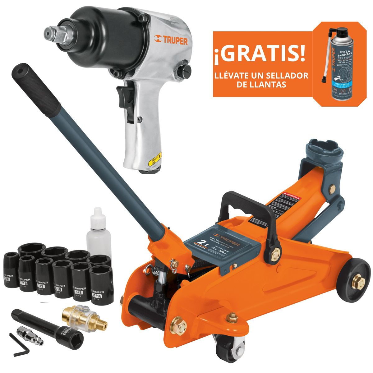 TRUPER - Combo Gata lagarto 2ton taladro neumático llave de impacto