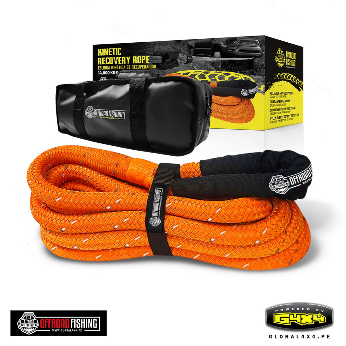 POWERED BY G4X4 GLOBAL 4 X 4 PE - ESLINGA KINÉTICA REFLECTIVA 14,000 KGS 9MTS OFFROAD FISHING
