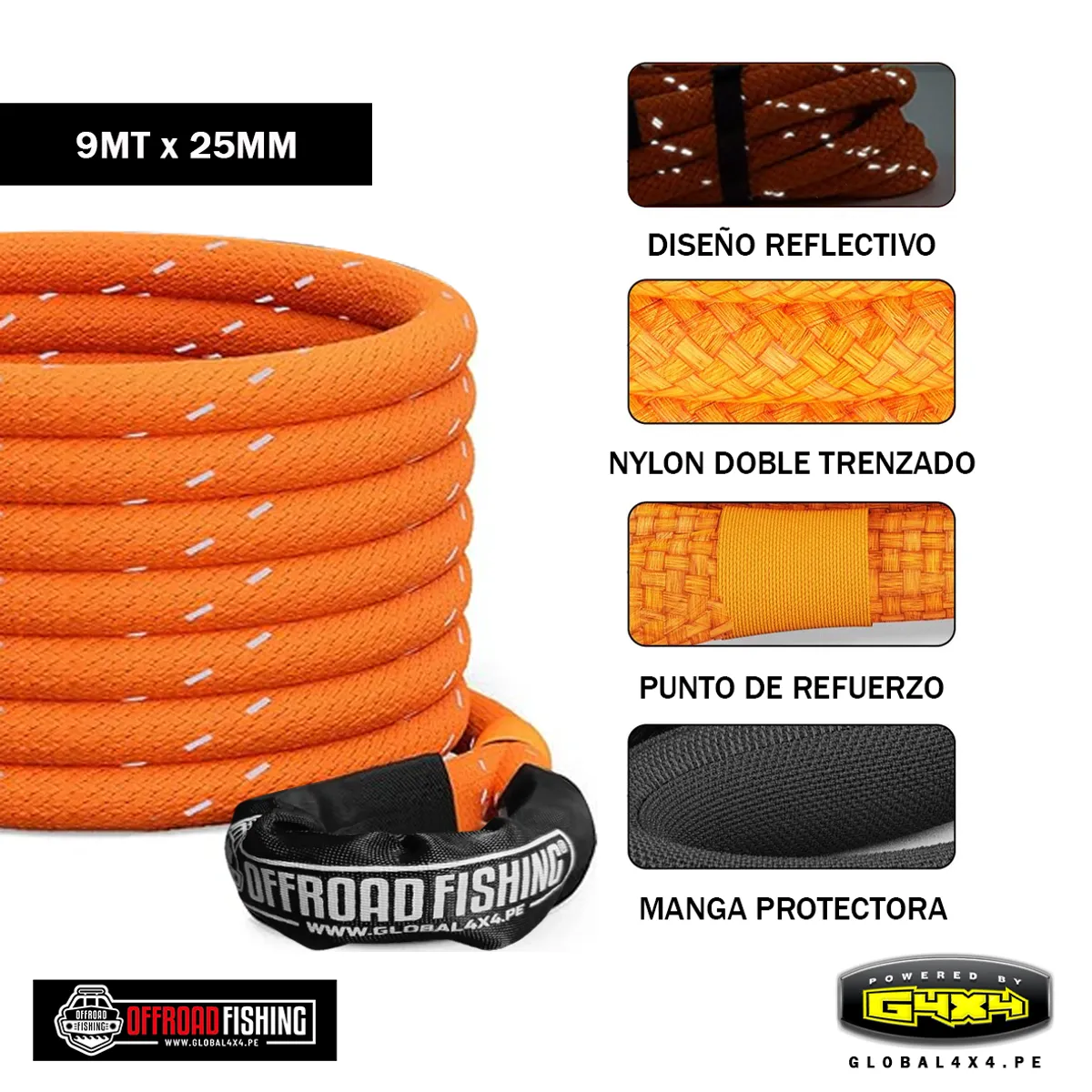 POWERED BY G4X4 GLOBAL 4 X 4 PE - ESLINGA KINÉTICA REFLECTIVA 14,000 KGS 9MTS OFFROAD FISHING