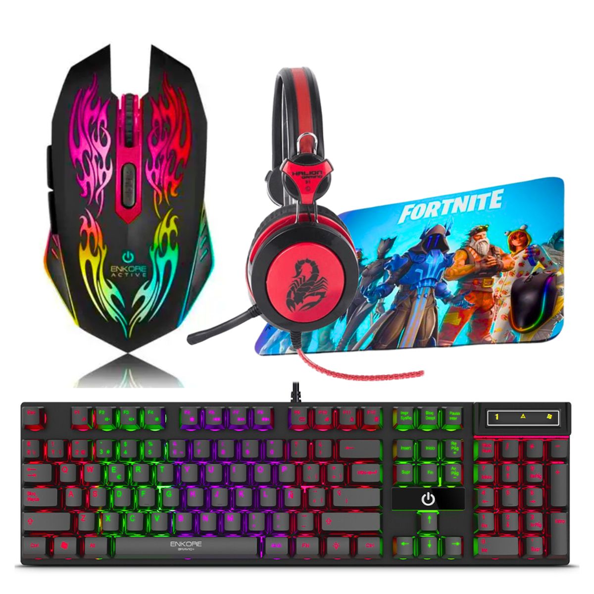 ENKORE - Kit Gamer 4en1 Audífono + Mouse + Teclado Luces Led+ Pad