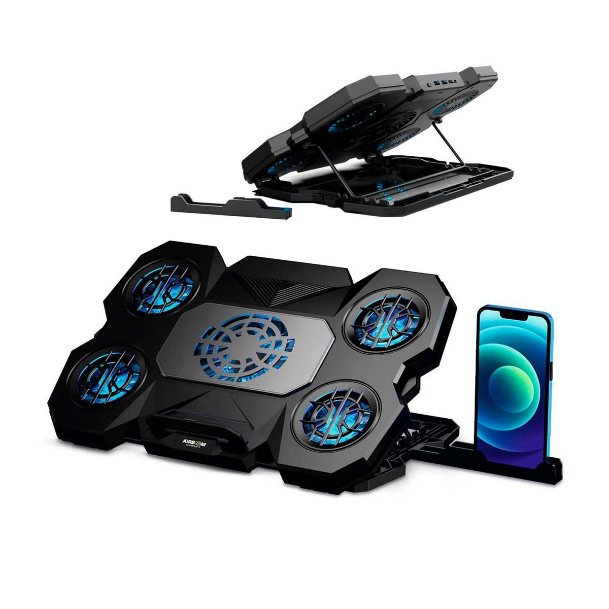 AIRBOOM - Cooler Laptop 5 Ventiladores + Soporte Para Celular Led Azul