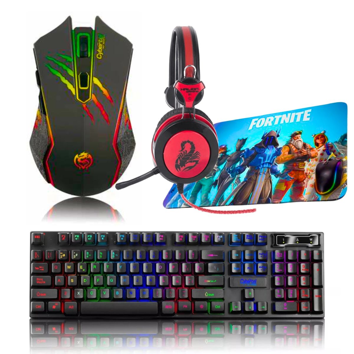 CYBERTEL - Kit Gamer 4en1Audífono Halion+mouse +teclado Luces Led+ Pad
