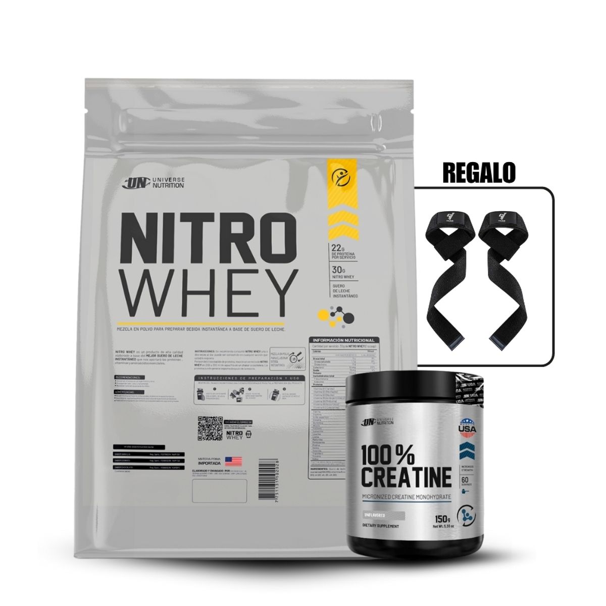 UNIVERSE NUTRITION - Nitro Whey de 5 kg Chocolate+Universe Nutrition 150Gr+Straps