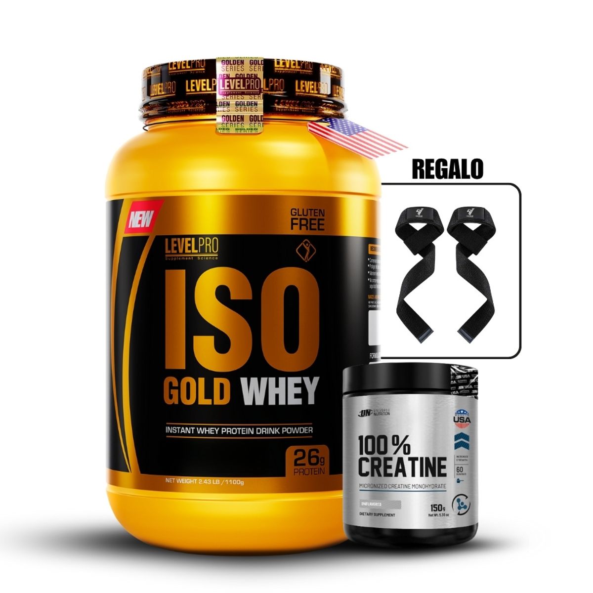LEVEL PRO - Iso Gold Whey de 1kg Chocolate+Universe Nutrition 150Gr+Straps