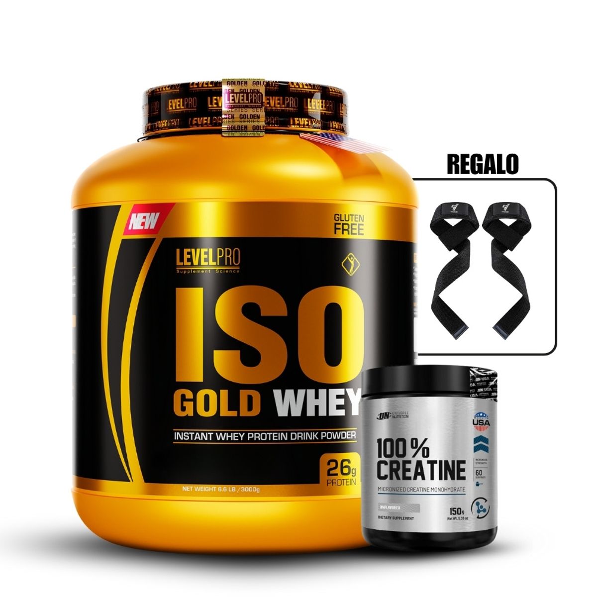LEVEL PRO - Proteína Iso Gold Whey de 3kg Vainilla+Universe Nutrition 150Gr+Straps