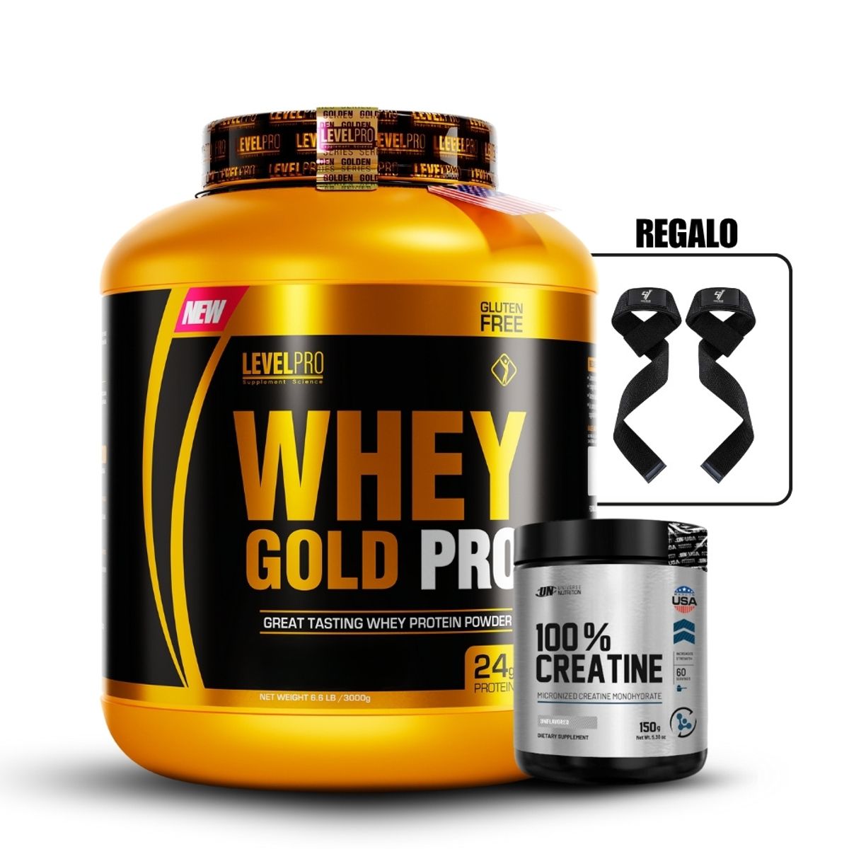 LEVEL PRO - Whey Gold Pro 3kg Cookies+Universe Nutrition 150Gr+Straps