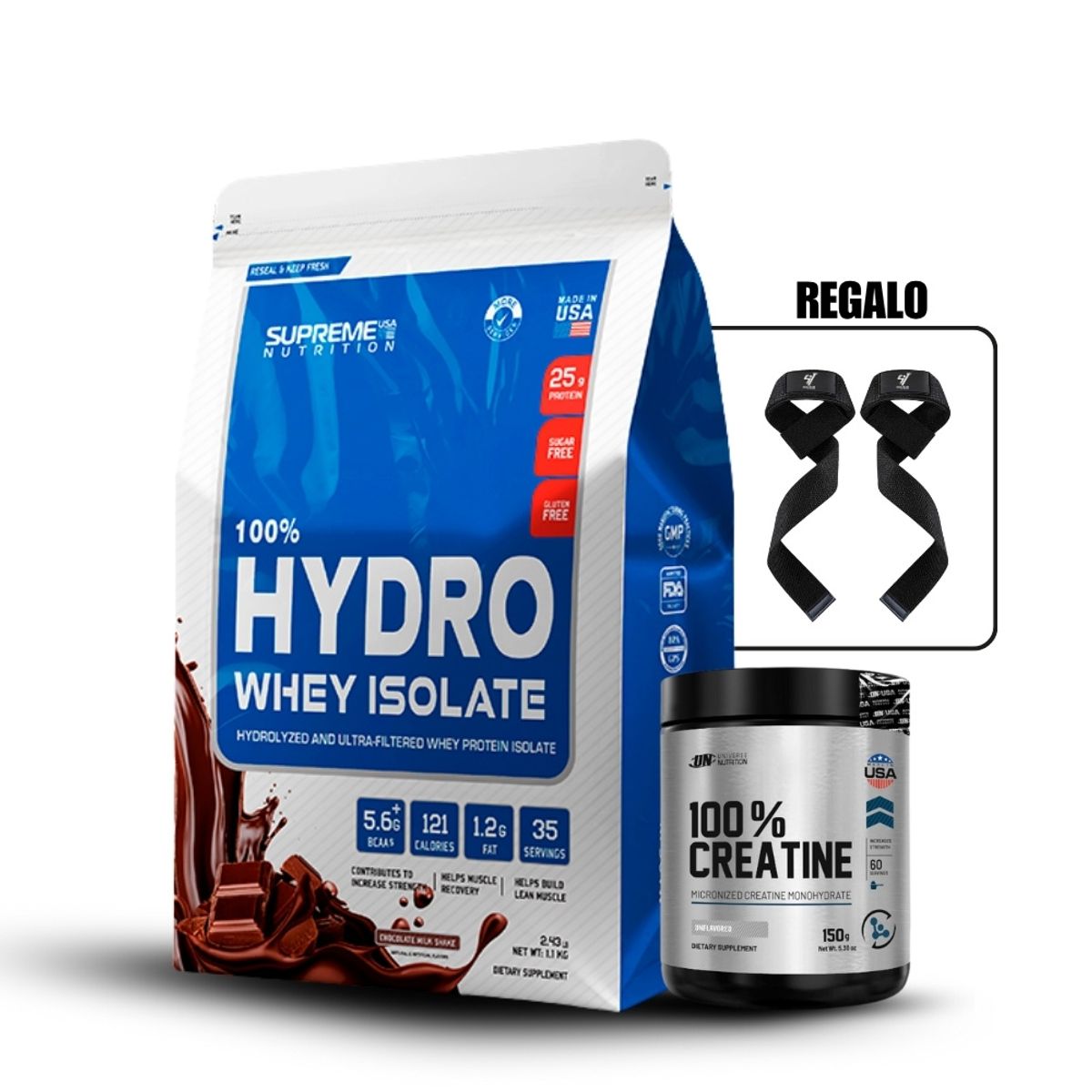 SUPREME NUTRITION - 100% Hydro Whey Isolate Chocolate 2.4 lb+Universe Nutrition 150Gr+Straps