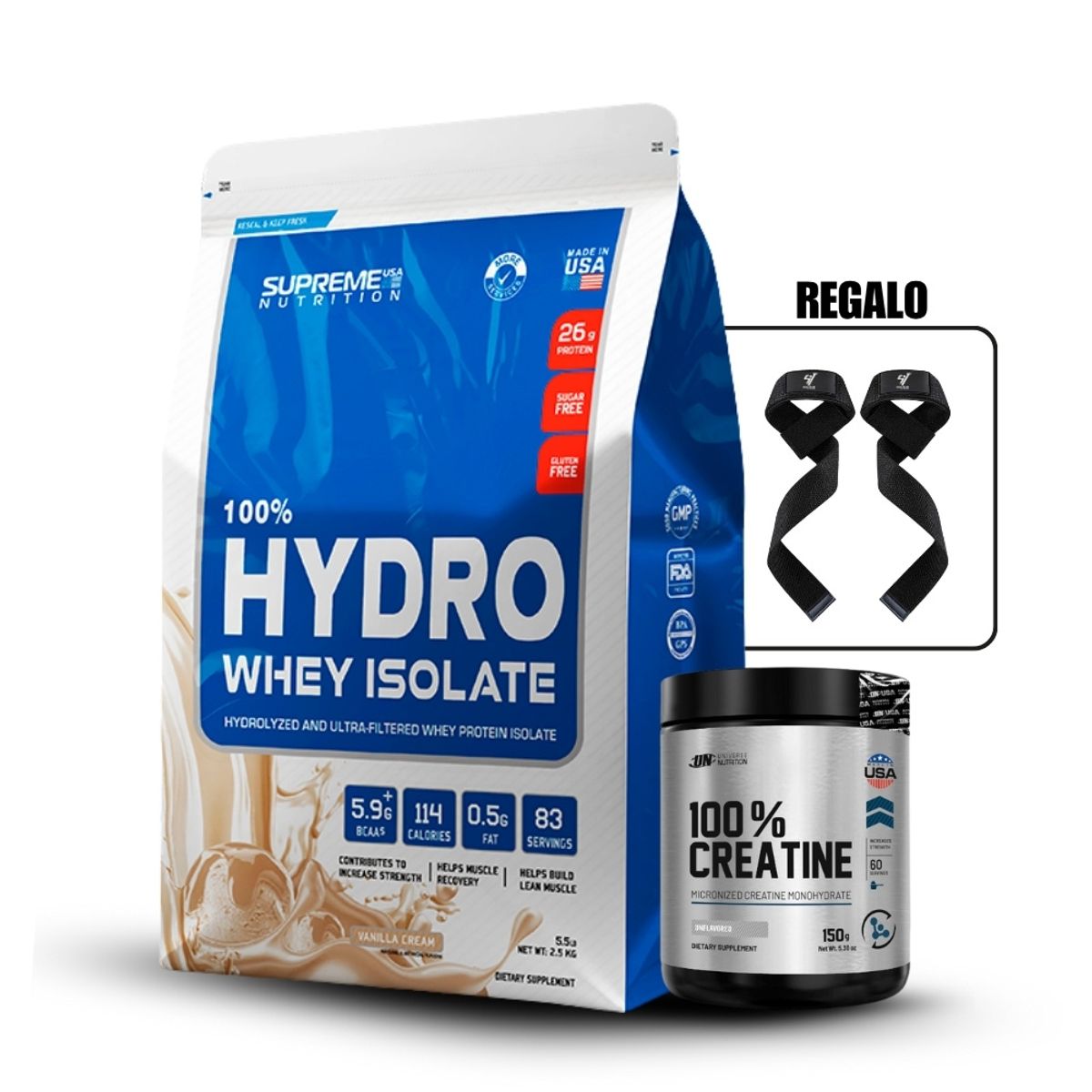 SUPREME NUTRITION - 100% Hydro Whey Isolate Vainilla 5.5 lb+Universe Nutrition 150Gr+Straps