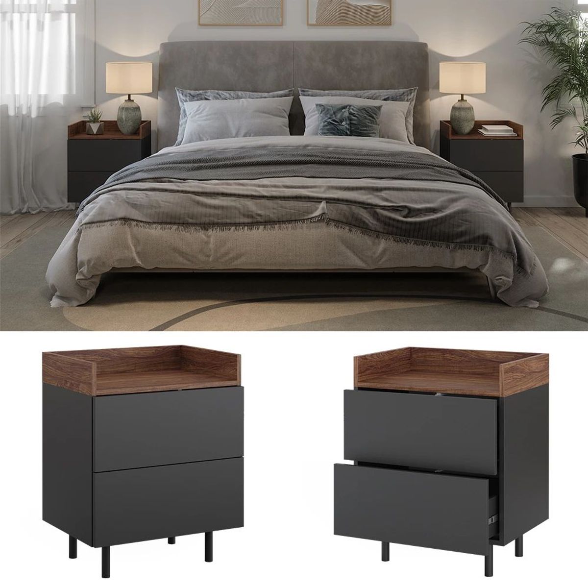 R&R MUEBLES - Pack de 2 Veladores Modernos Kuriaki Negro y Marrón R&R MUEBLES