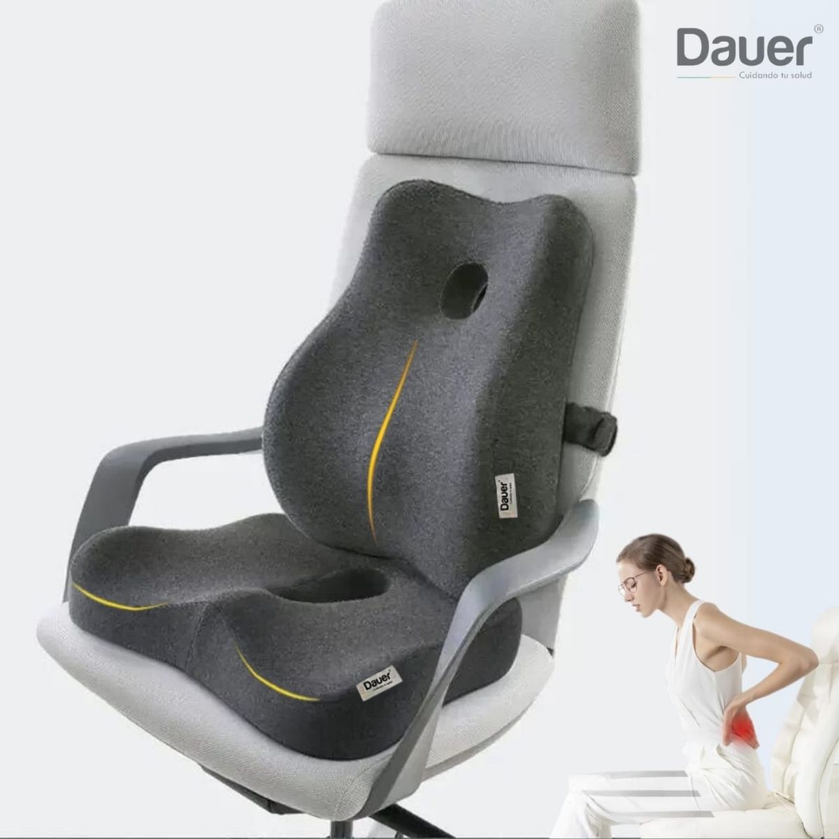 DAUER - Duo Cojínes Ergonomicos 3D Lumbar + Asiento Viscoelastico Bambu Negro