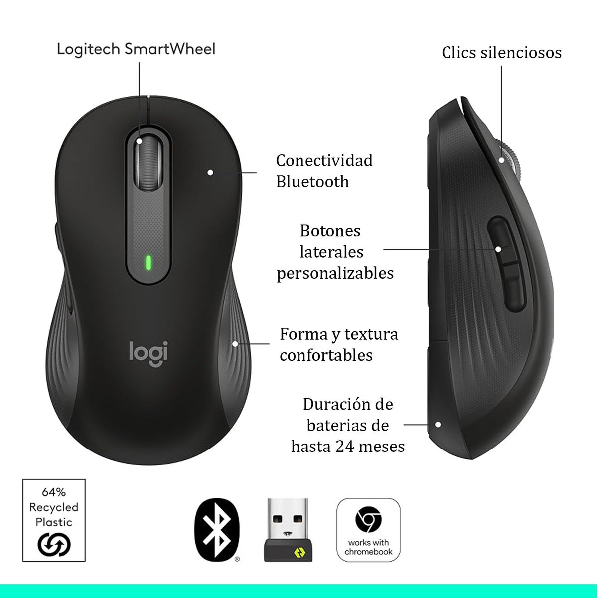 LOGITECH - MOUSE LOGITECH SIGNATURE M650 SILENT LARGE LEFT WIRELESS BT BLACK