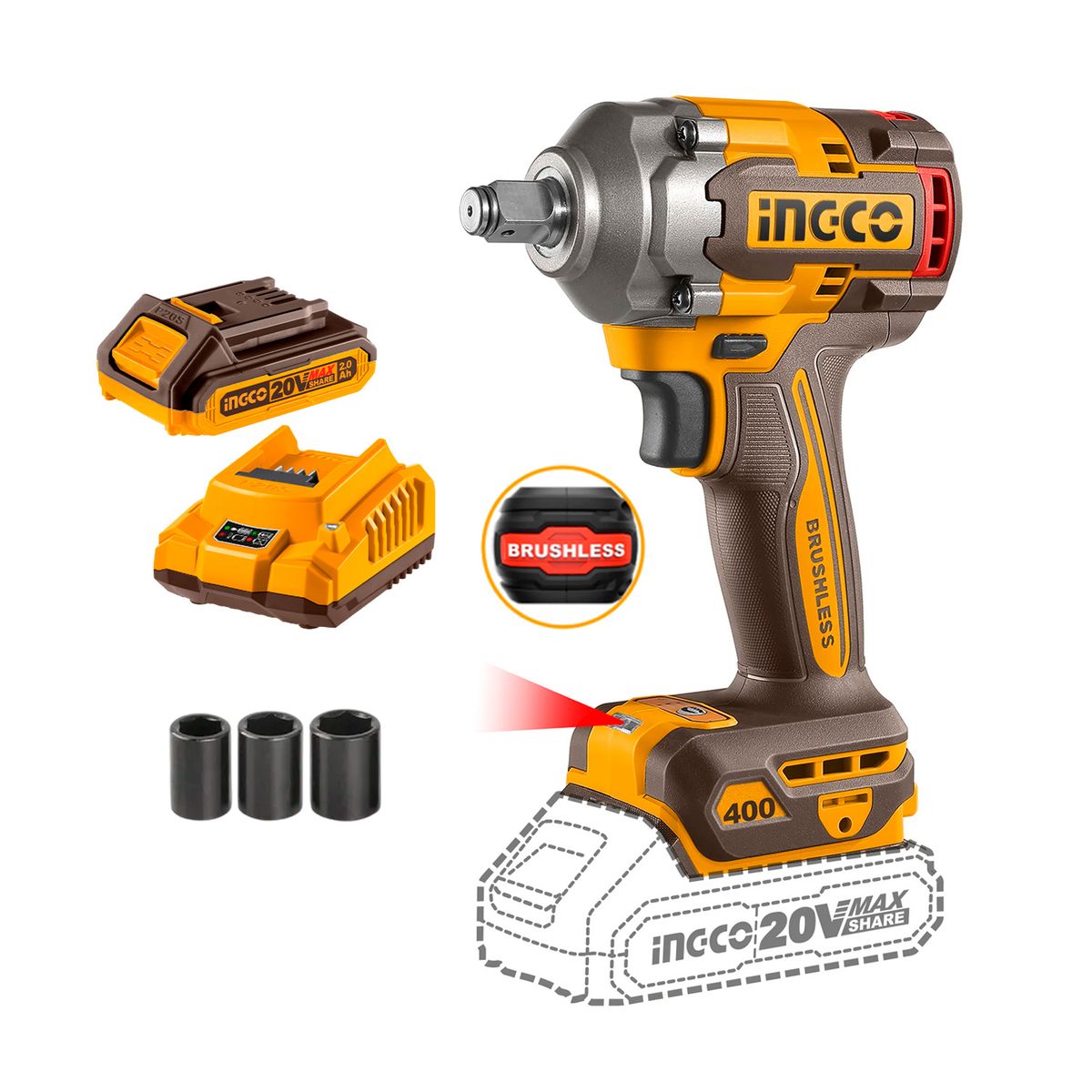 INGCO TOOLS - Llave Impacto Inalámbrica 400nm Brushless + 1bat + 1cargador