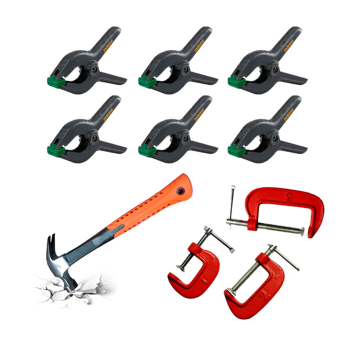 GENERICO - Set X6 Pinzas Sujeción + 3 Prensas C + Martillo Mango Fibra