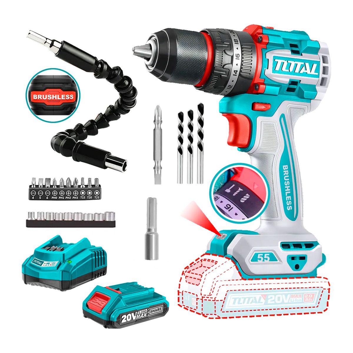 Total Tools - Taladro Percutor Brushless 1 Batería + 1 cargador + 21 Accesorios - Total