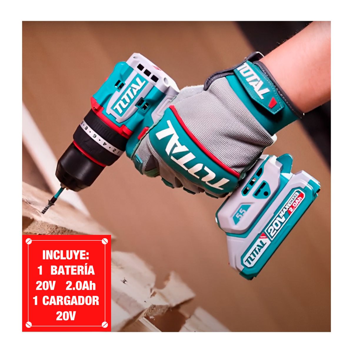 Total Tools - Taladro Percutor Brushless 1 Batería + 1 cargador + 21 Accesorios - Total