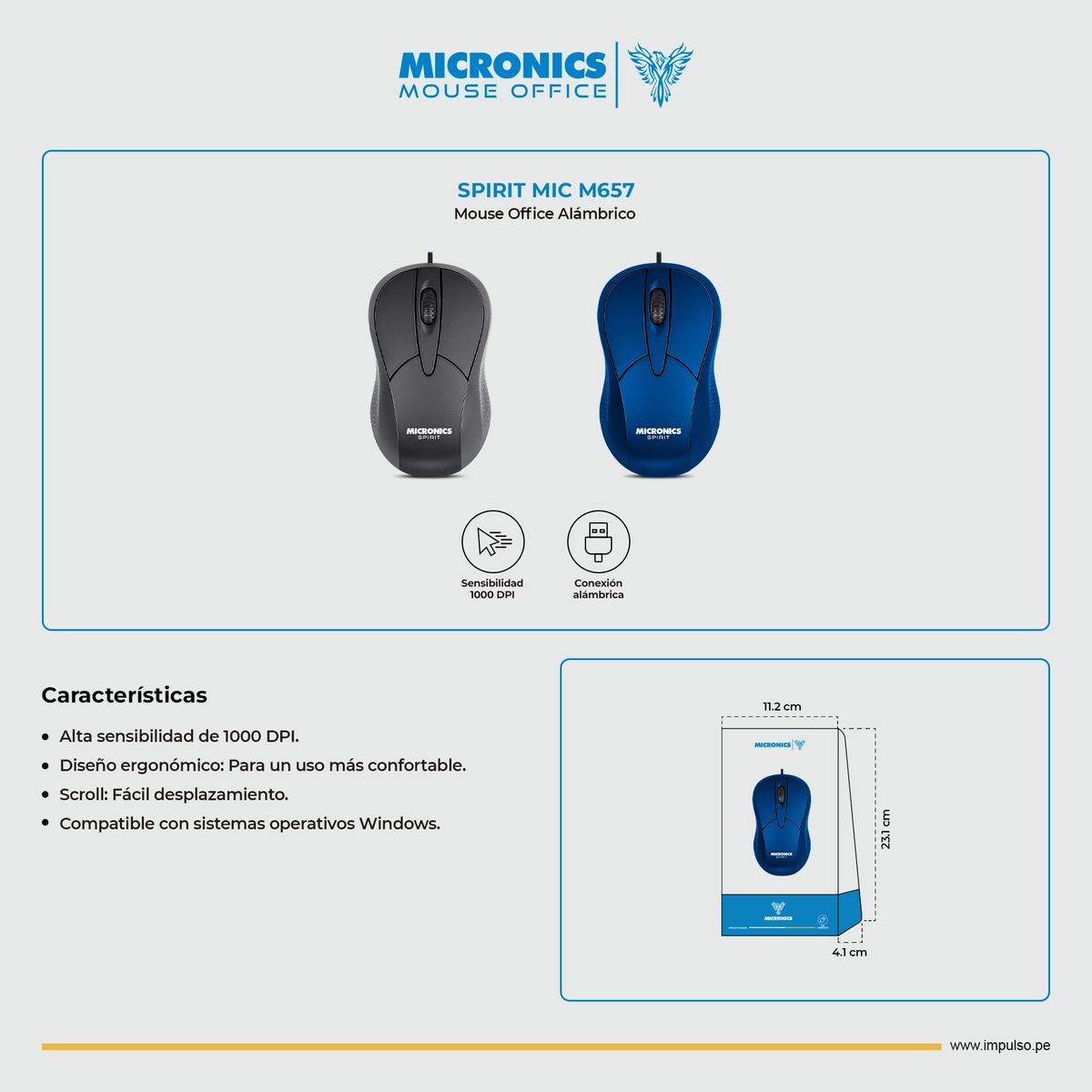 MICRONICS - Mouse Oficina Alambrico 1000DPI Azul Micronics Spirit MIC M657