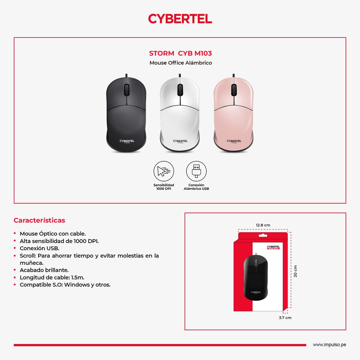 CYBERTEL - Mouse Oficina Alambrico 1000DPI Negro Cybertel Storm CYB M103
