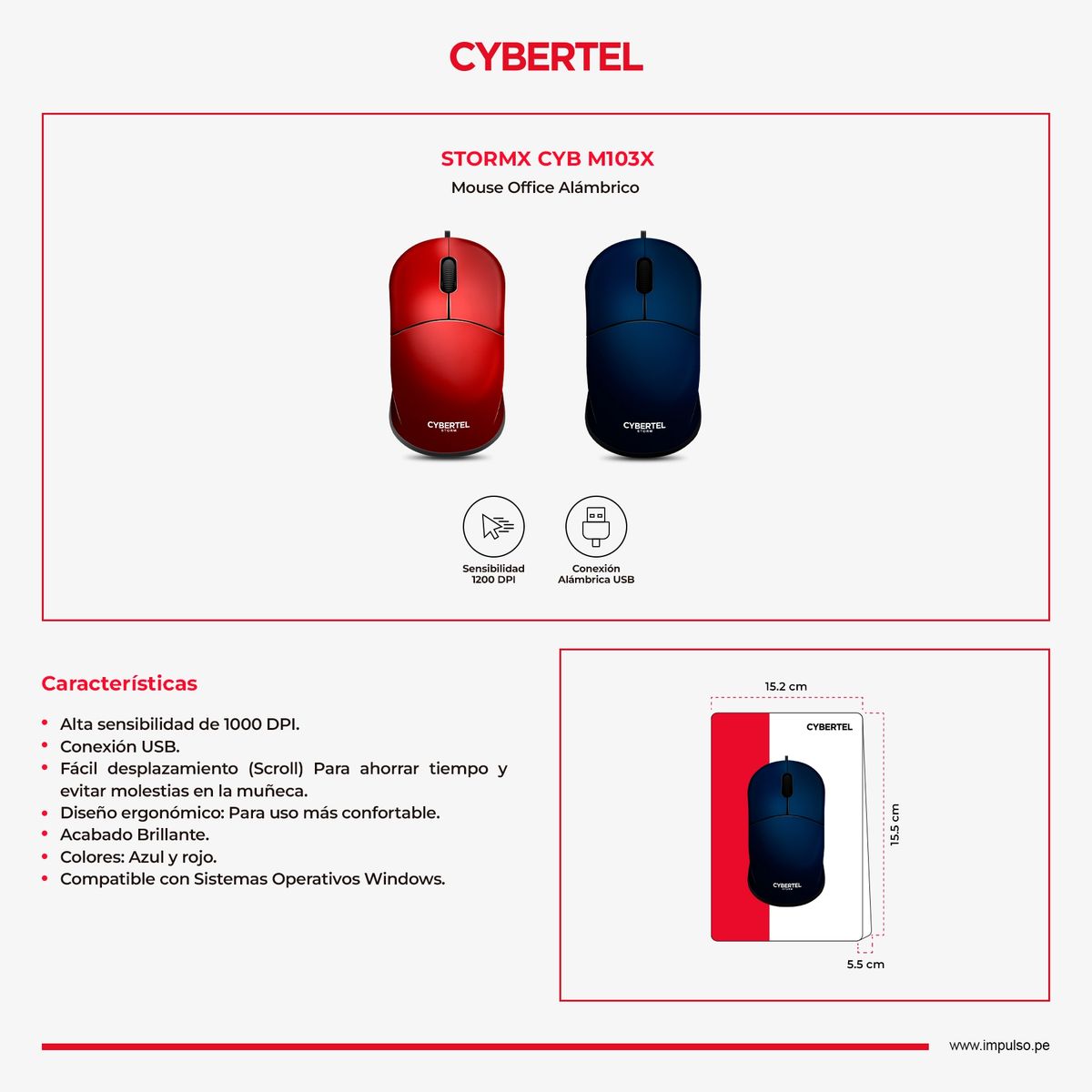 CYBERTEL - Mouse Oficina Alambrico 1000DPI Azul Cybertel StormX CYB M103X