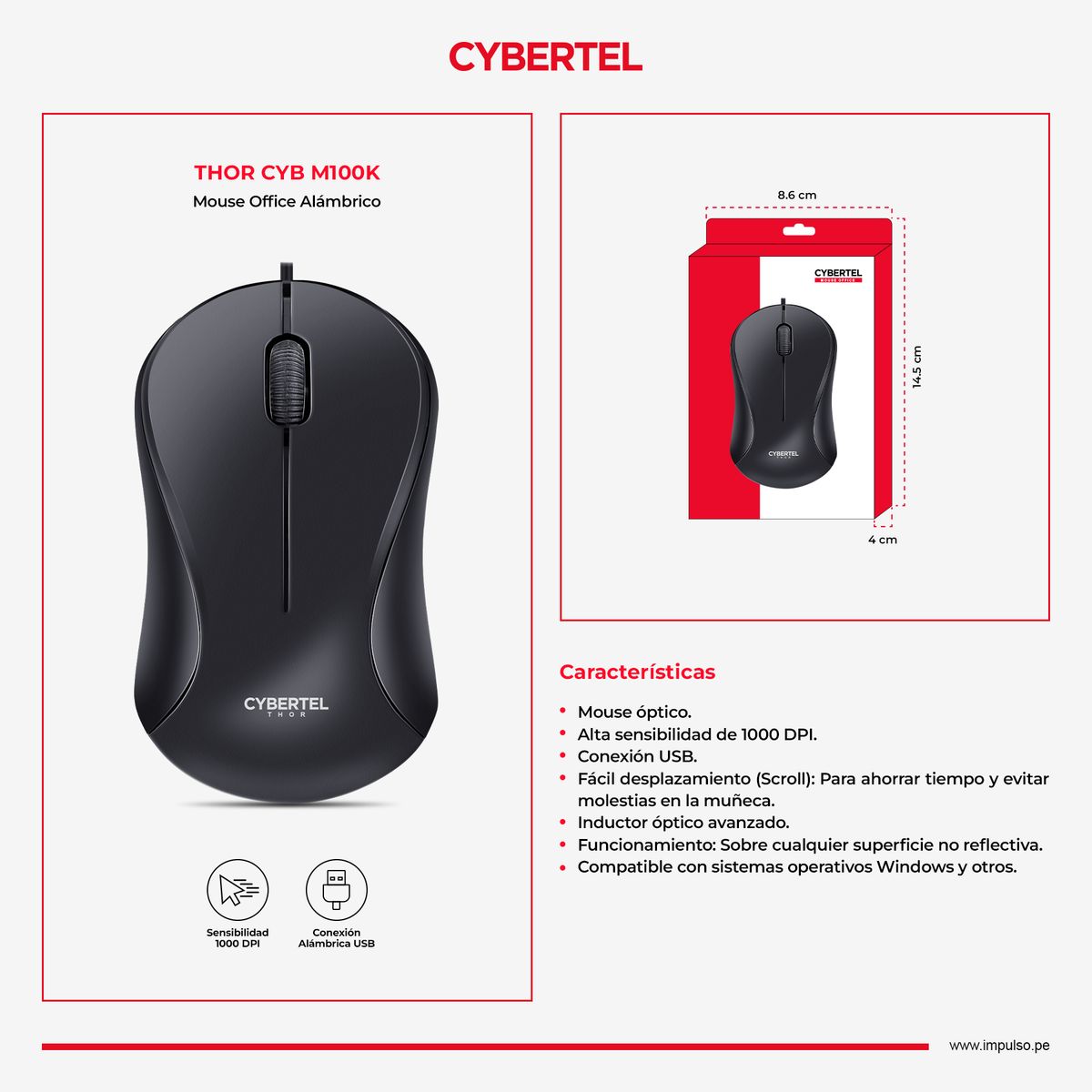 CYBERTEL - Mouse Oficina Alambrico 1000DPI Negro Cybertel Thor CYB M100K