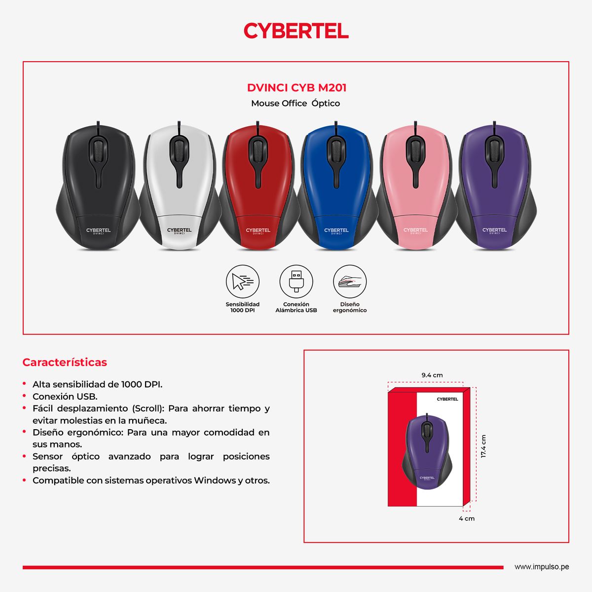CYBERTEL - Mouse Oficina Alambrico 1000DPI Negro Cybertel Dvinci CYB M201