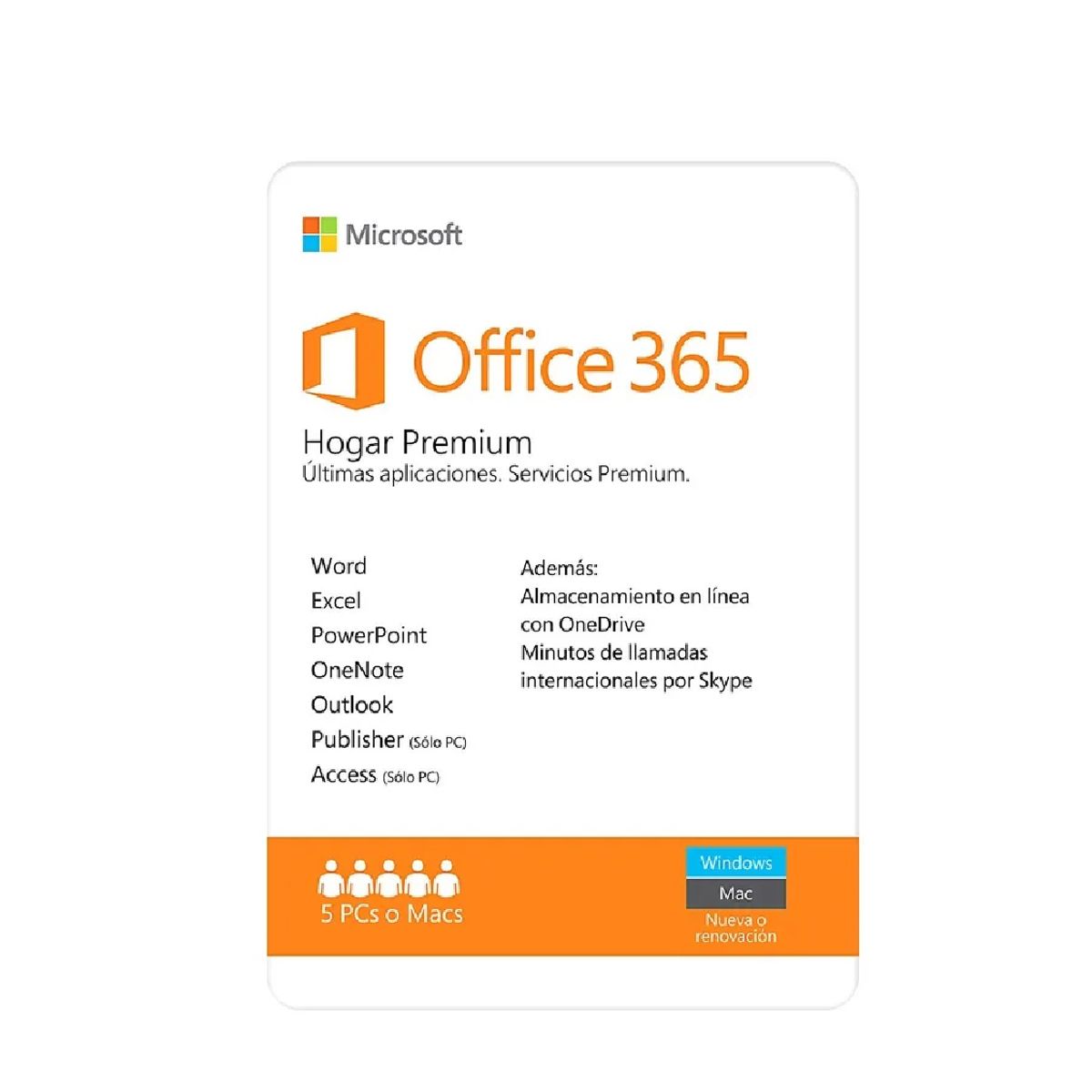 MICROSOFT - Microsoft Office 365 Hogar Premium Español, 32/64-bit, 5 Usuarios 1 Año para Windows/Mac