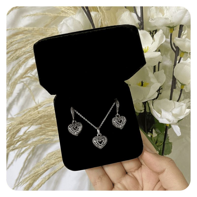 GENERICO - Set Aretes Collar Corazón Filigrana Regalo Mamá Novia Plata