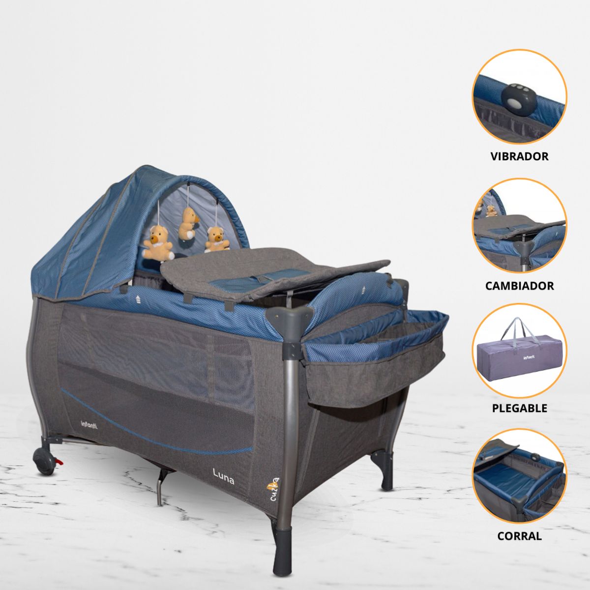 INFANTI - Cuna corral para Bebés «LUNA ZIGZAG» Blue