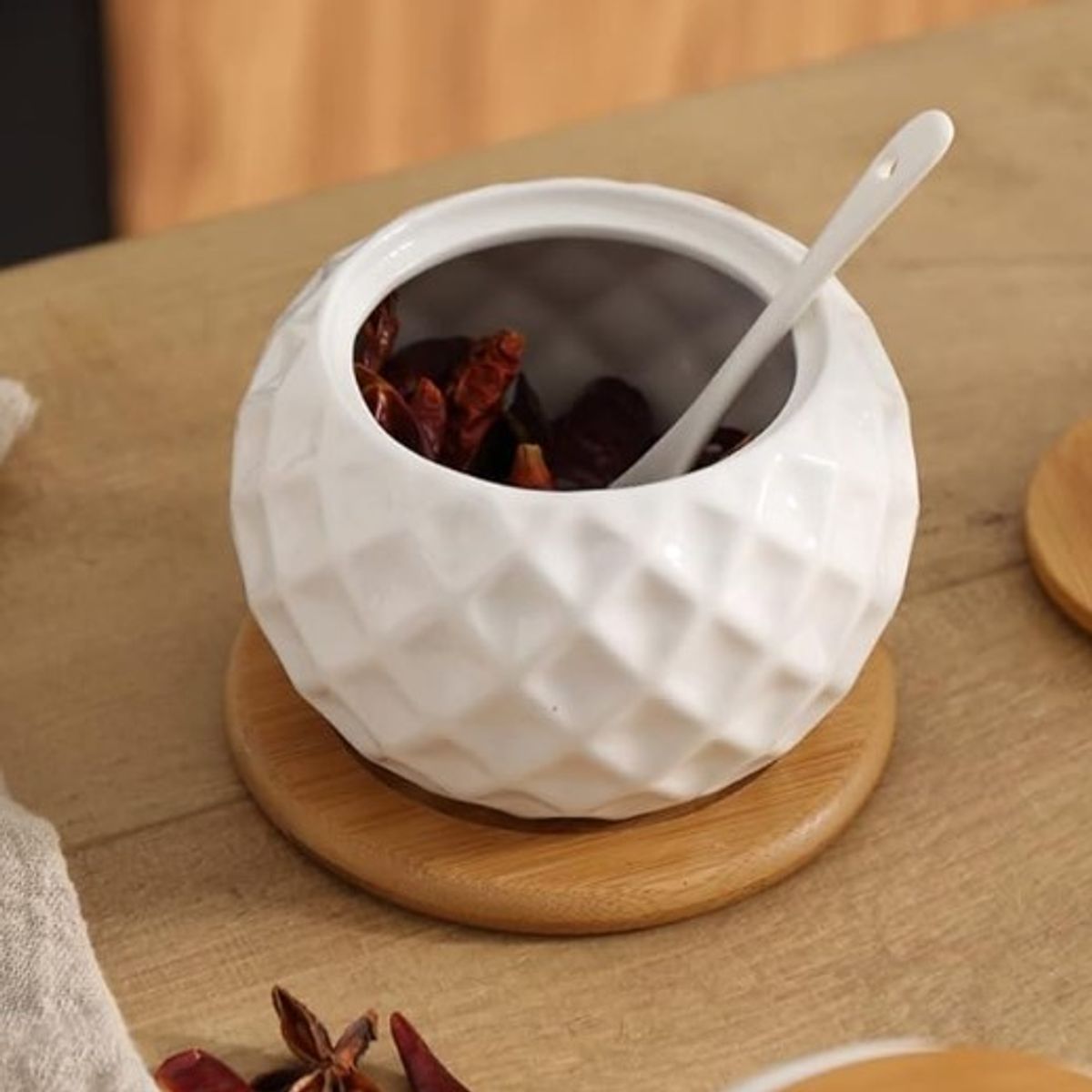 GENERICO - Azucarero con Cuchara en Ceramica Blanca y Bambu