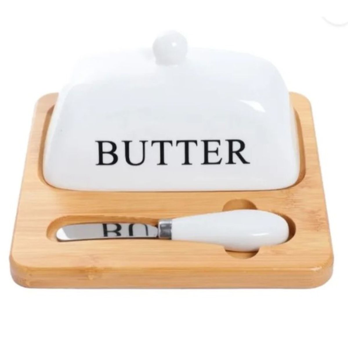GENERICO - Mantequillero de Porcelana y Bambu con Cuchillo