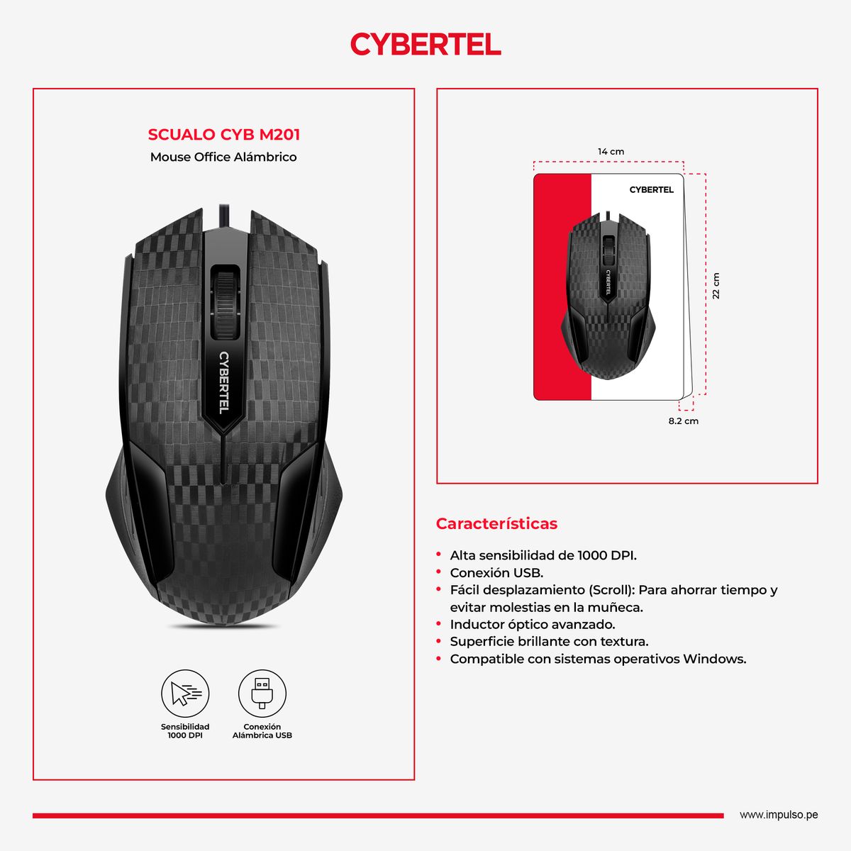 CYBERTEL - Mouse Oficina Alambrico 1000DPI Negro Cybertel Scualo CYB M201
