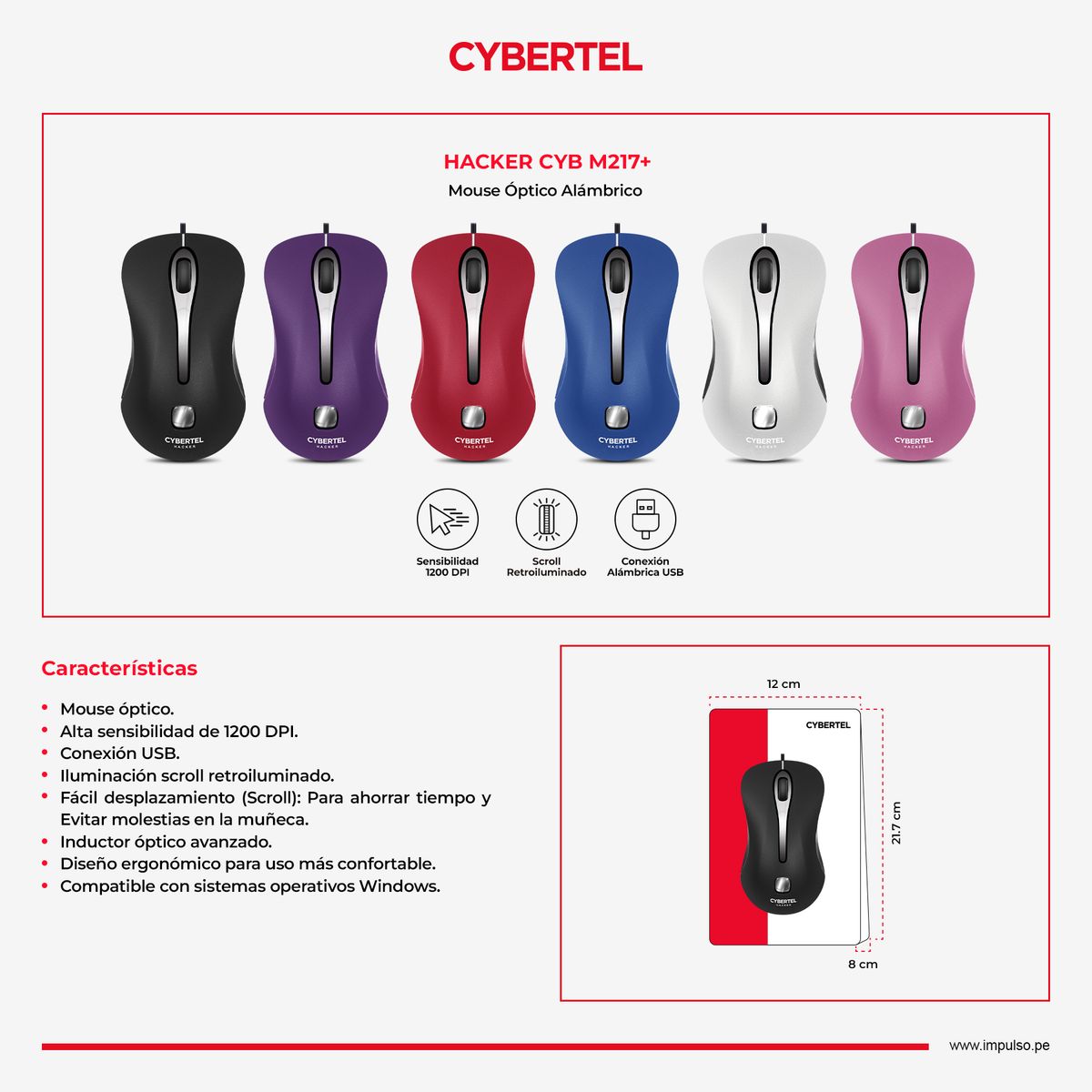 CYBERTEL - Mouse Oficina Alambrico Negro Cybertel Hacker CYB M217+