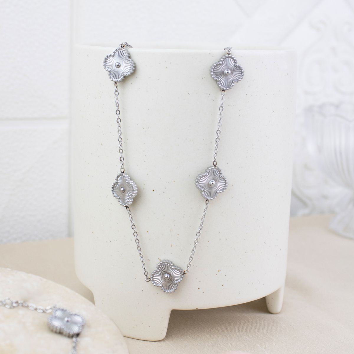 CLEO JOYAS & ACCESORIOS - Set Treboles Collar Pulsera y Aretes Dupe Van Cl Plateado