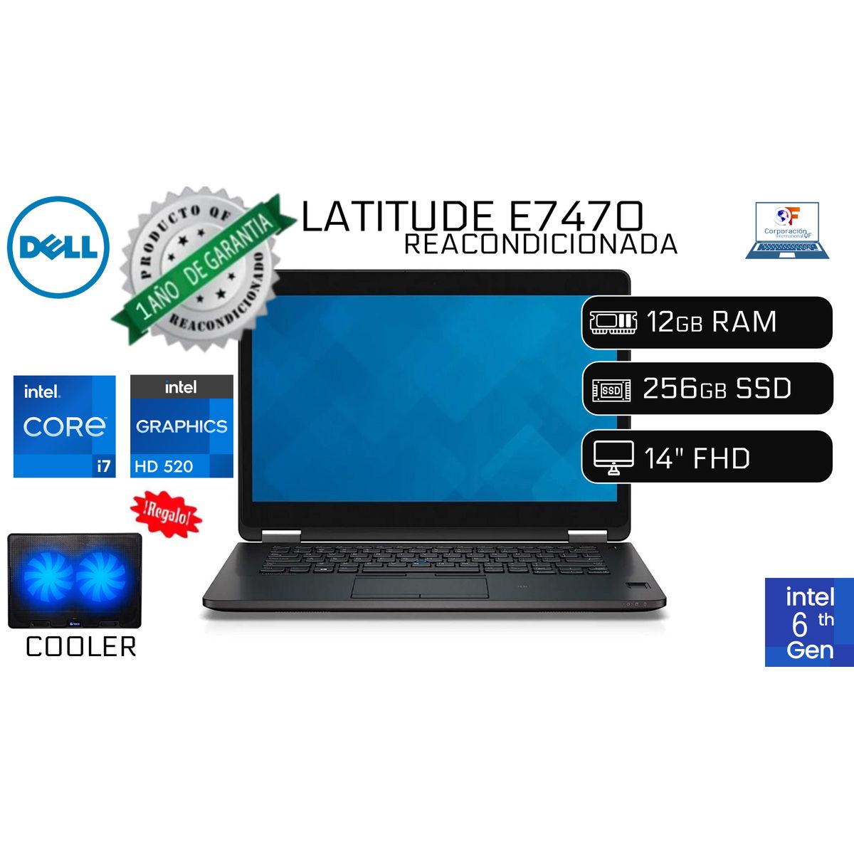 DELL - Laptop Dell Latitude E7470 i7 6ta 12GB RAM 256GB SSD Reacondicionada + COOLER