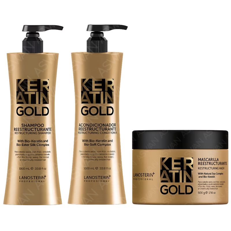 GENERICO - Kit Keratin Gold Shampoo 1000 ml + Acondicionador 1000 ml + Mascarilla 500 g