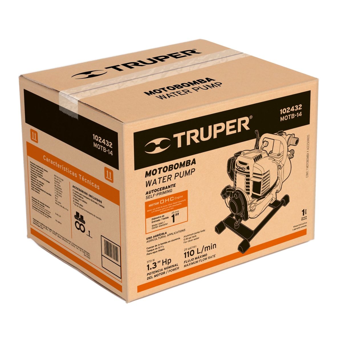 TRUPER - Motobomba autocebante 1" x 1" a gasolina 1 1/3 HP Truper