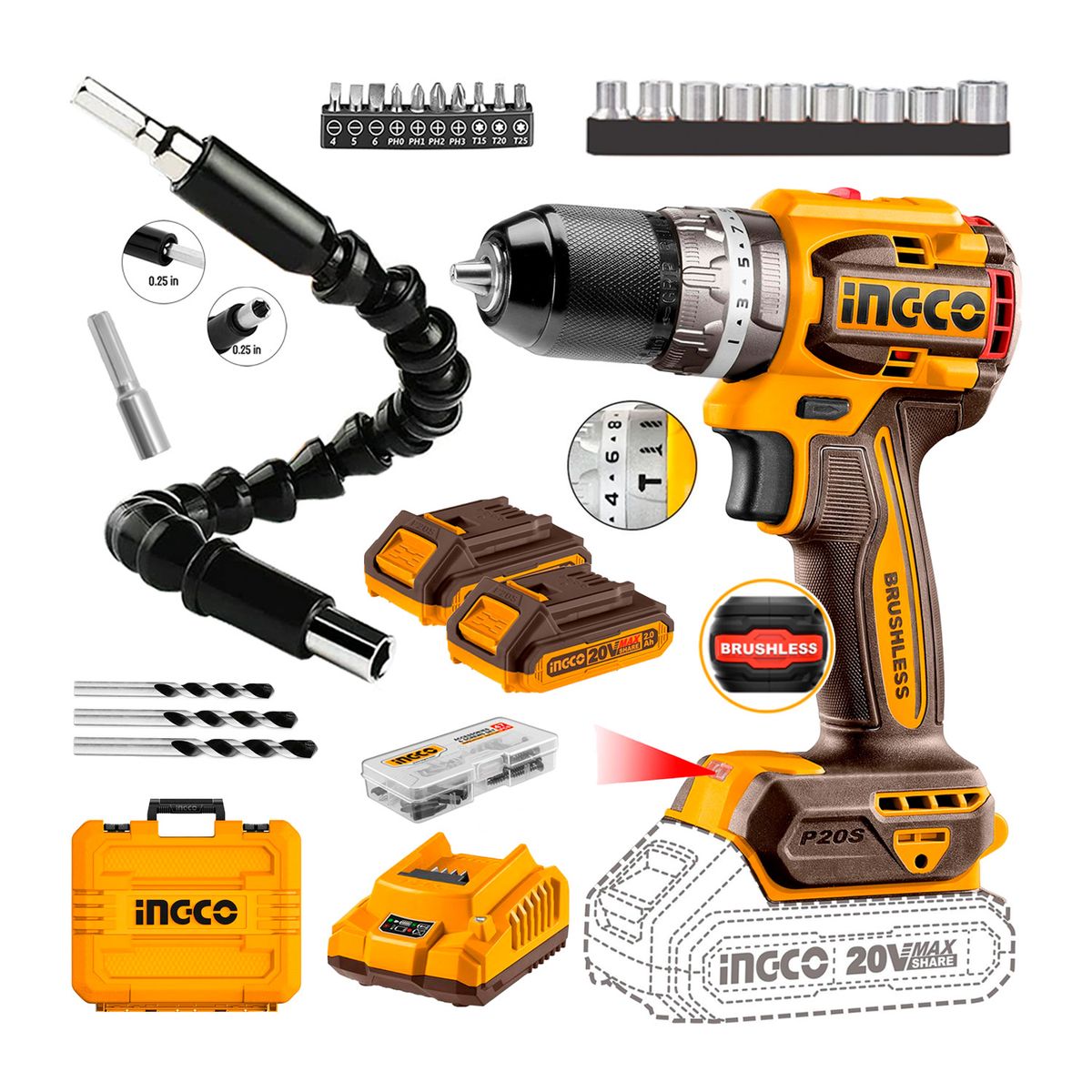 INGCO TOOLS - Taladro Atornillador 20v Ingco Brushless Percutor + Extensor