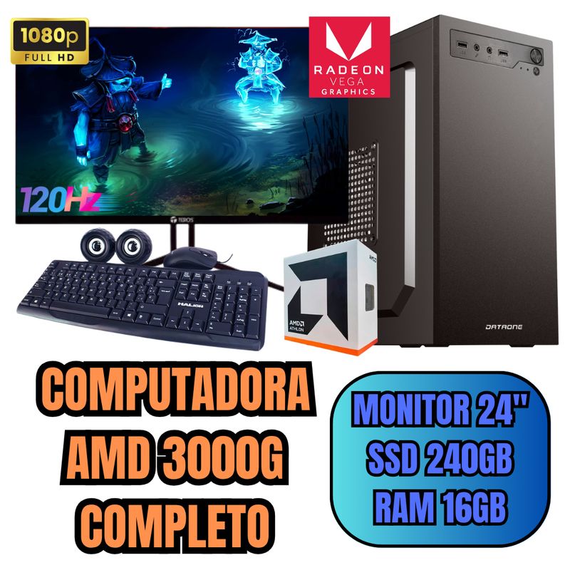 AMD - PC COMPUTADORA ATHLON 3000G SSD250GB RAM16GB + MONITOR 24 FHD 120HZ