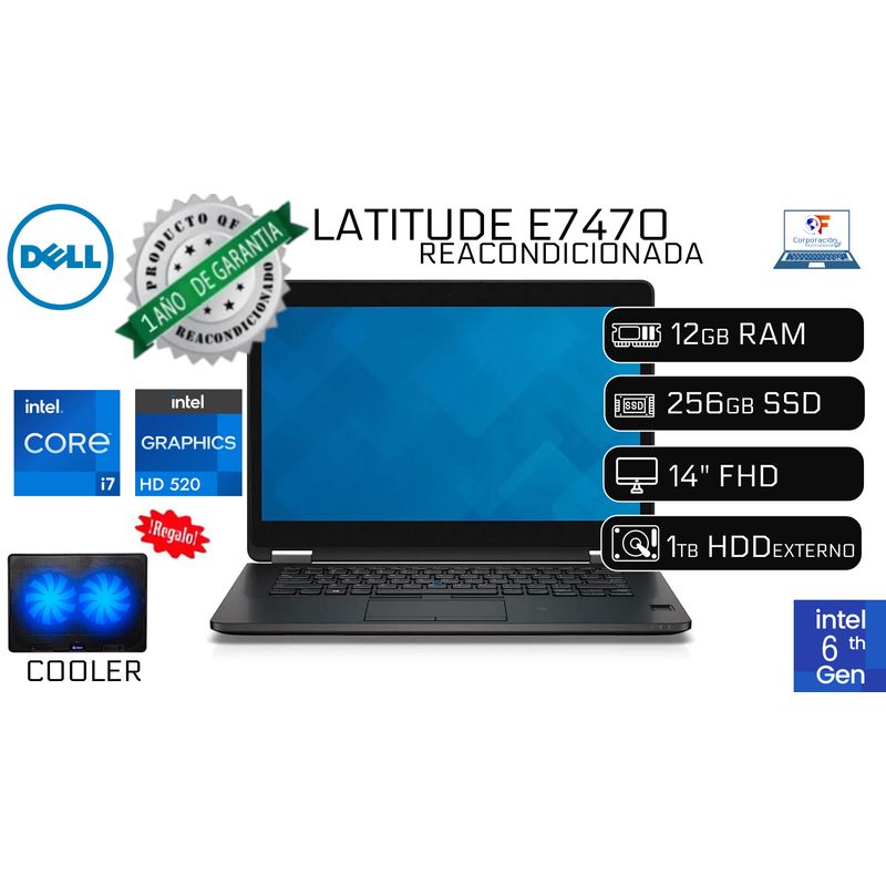 DELL - Laptop Dell Latitude E7470 i7 6ta 12GB RAM 256GB SSD Reacondicionada + 1TB HDD EXTERNO + COOLER