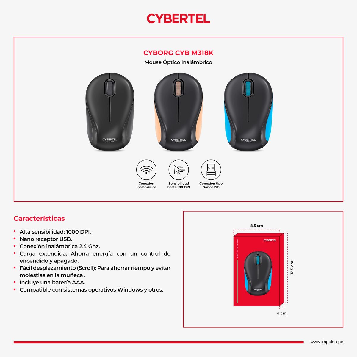 CYBERTEL - Mouse Oficina Inalámbrico 1000DPI Negro Cybertel  Cyborg CYB M318K