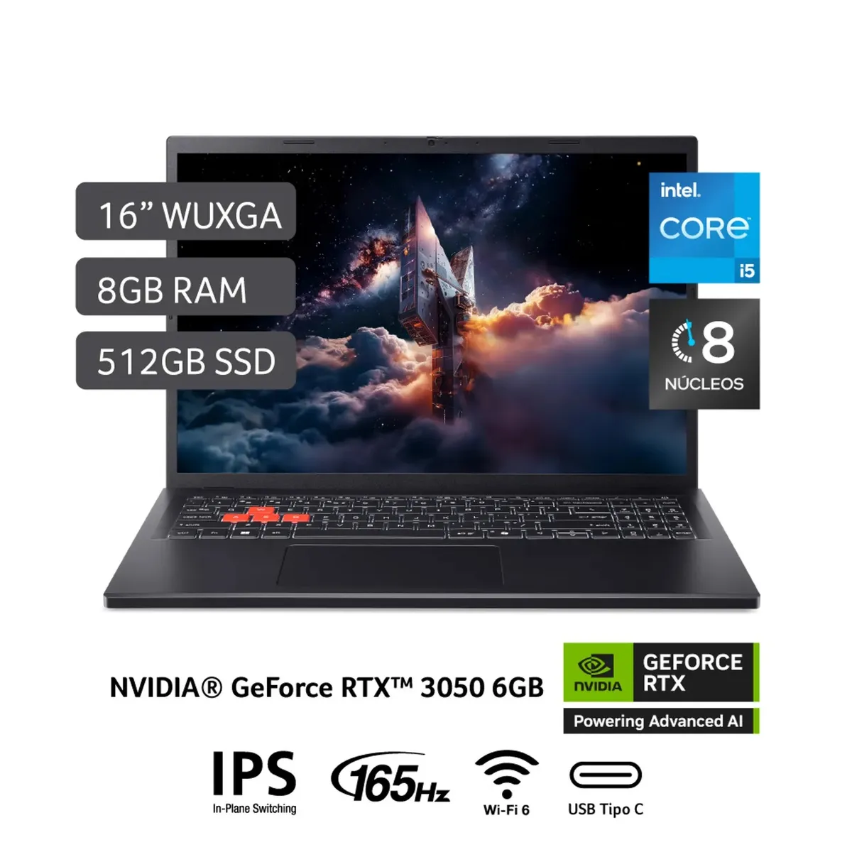 ACER - LAPTOP ACER NITRO INTEL CORE I5-13420H 8GB DDR5 512GB SSD 16" WUXGA 165Hz RTX 3050 6GB WIN11