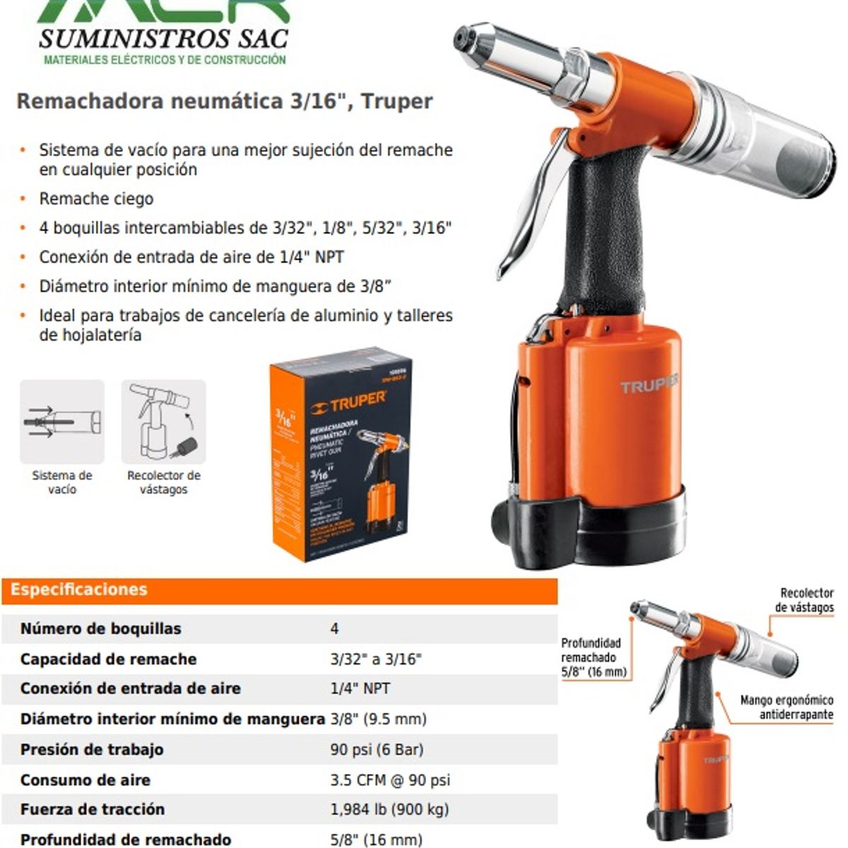 TRUPER - REMACHADORA NEUMATICA CAPACIDAD MAXIMA 316” 90PSI TRUPER