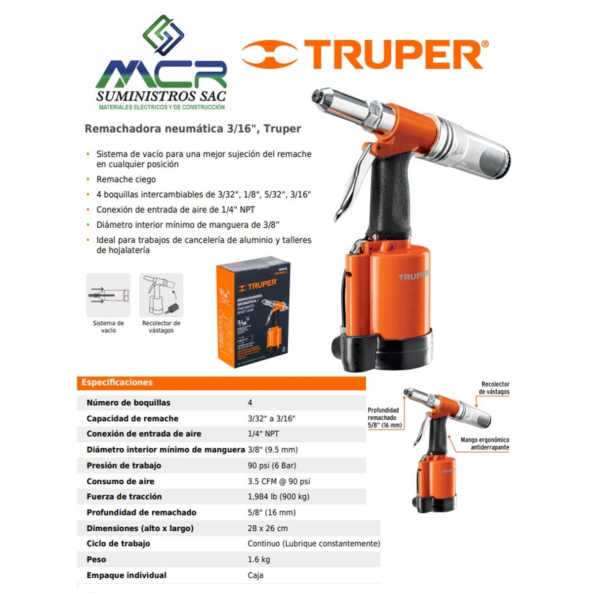 TRUPER - REMACHADORA NEUMATICA CAPACIDAD MAXIMA 316” 90PSI TRUPER