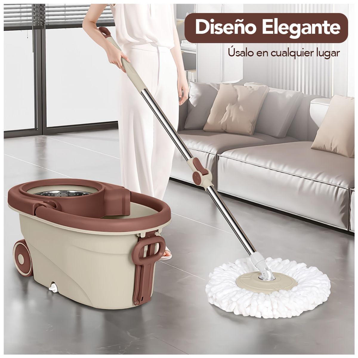 KELLER - Trapeador Giratorio 2 Mopas con Ruedas Y Asa Beige B83