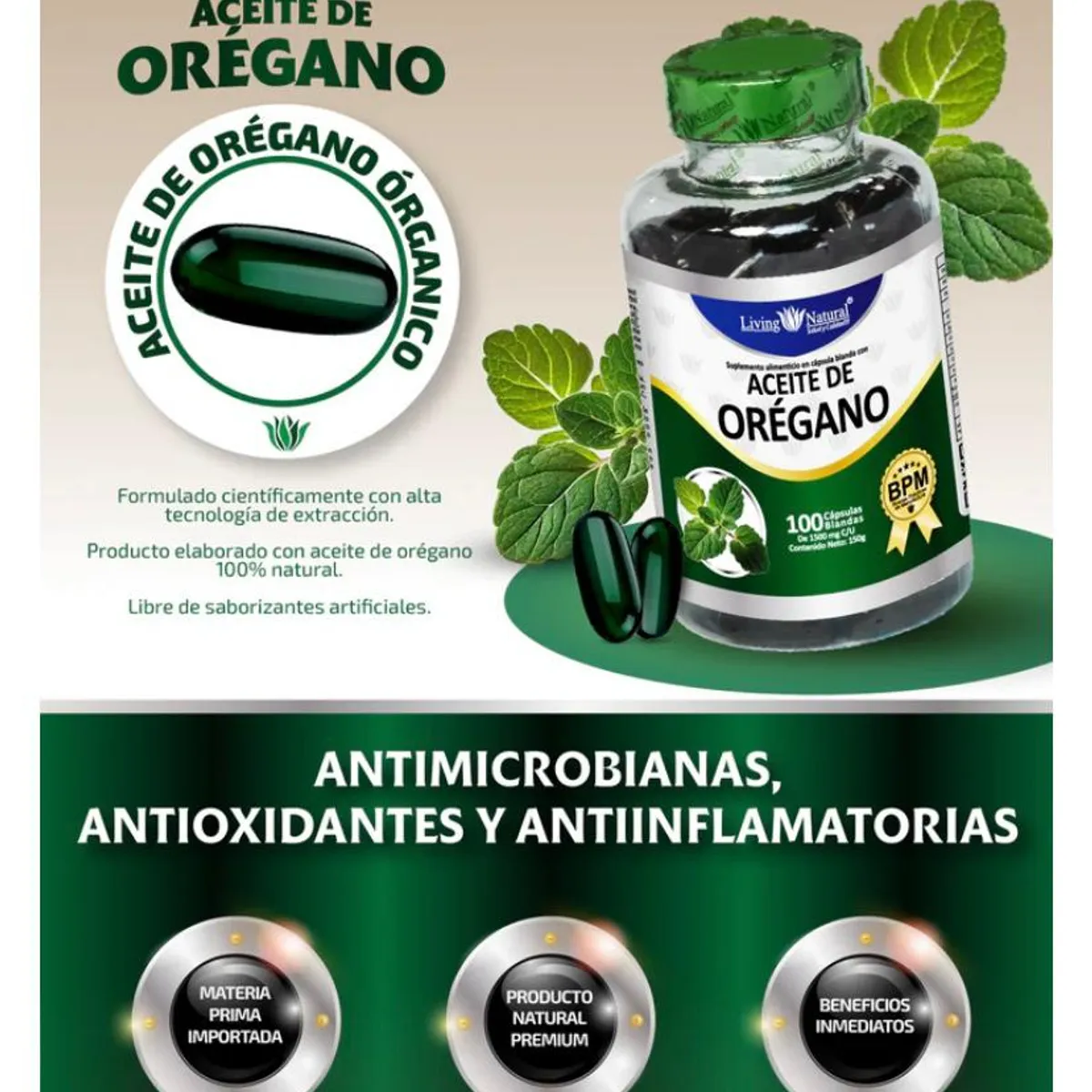 GENERICO - Aceite de oregano1500mg Living Natural - 100 capsulas
