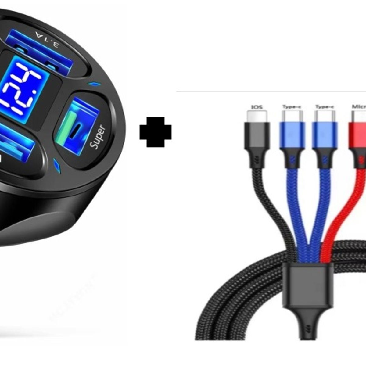 SMART - PACK CARGADOR DE AUTO 66W NEGRO 4 PUERTOS  Y CABLE 4 EN 1 CARGA RAPIDA