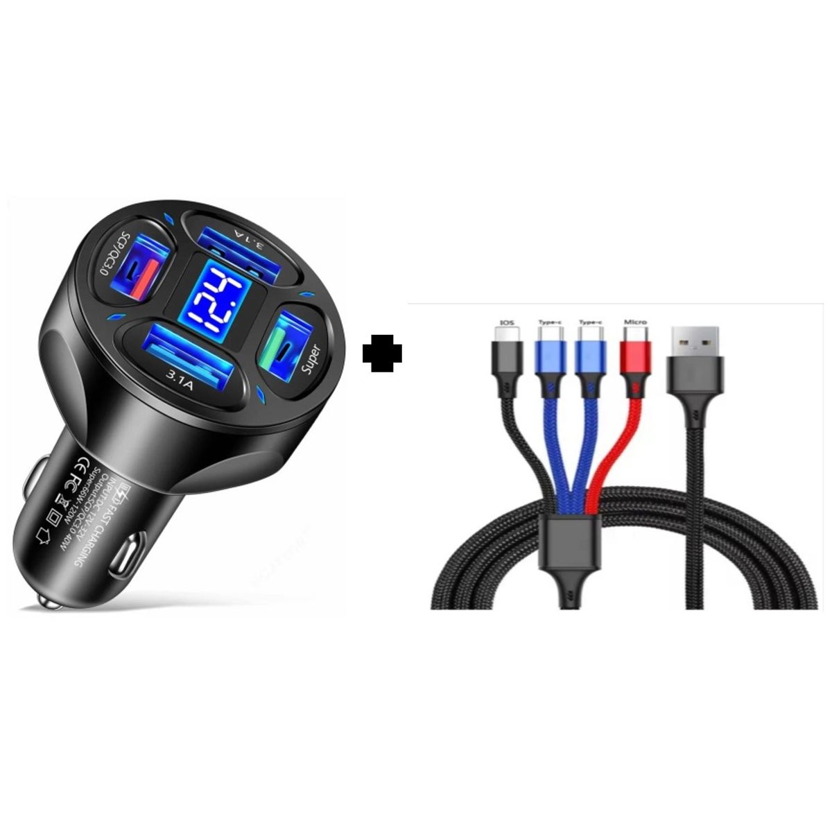 SMART - PACK CARGADOR DE AUTO 66W NEGRO 4 PUERTOS  Y CABLE 4 EN 1 CARGA RAPIDA