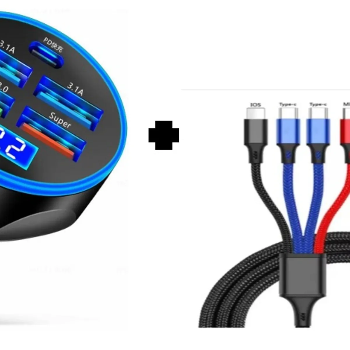 SMART - PACK CARGADOR DE AUTO 150W NEGRO 5 PUERTOS  Y CABLE 4 EN 1 CARGA RAPIDA