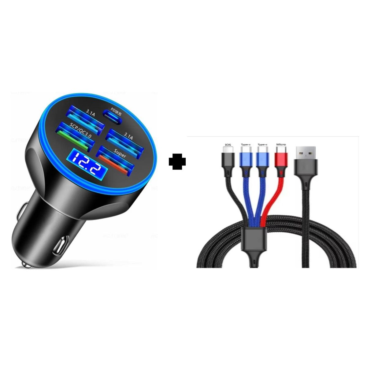 SMART - PACK CARGADOR DE AUTO 150W NEGRO 5 PUERTOS  Y CABLE 4 EN 1 CARGA RAPIDA