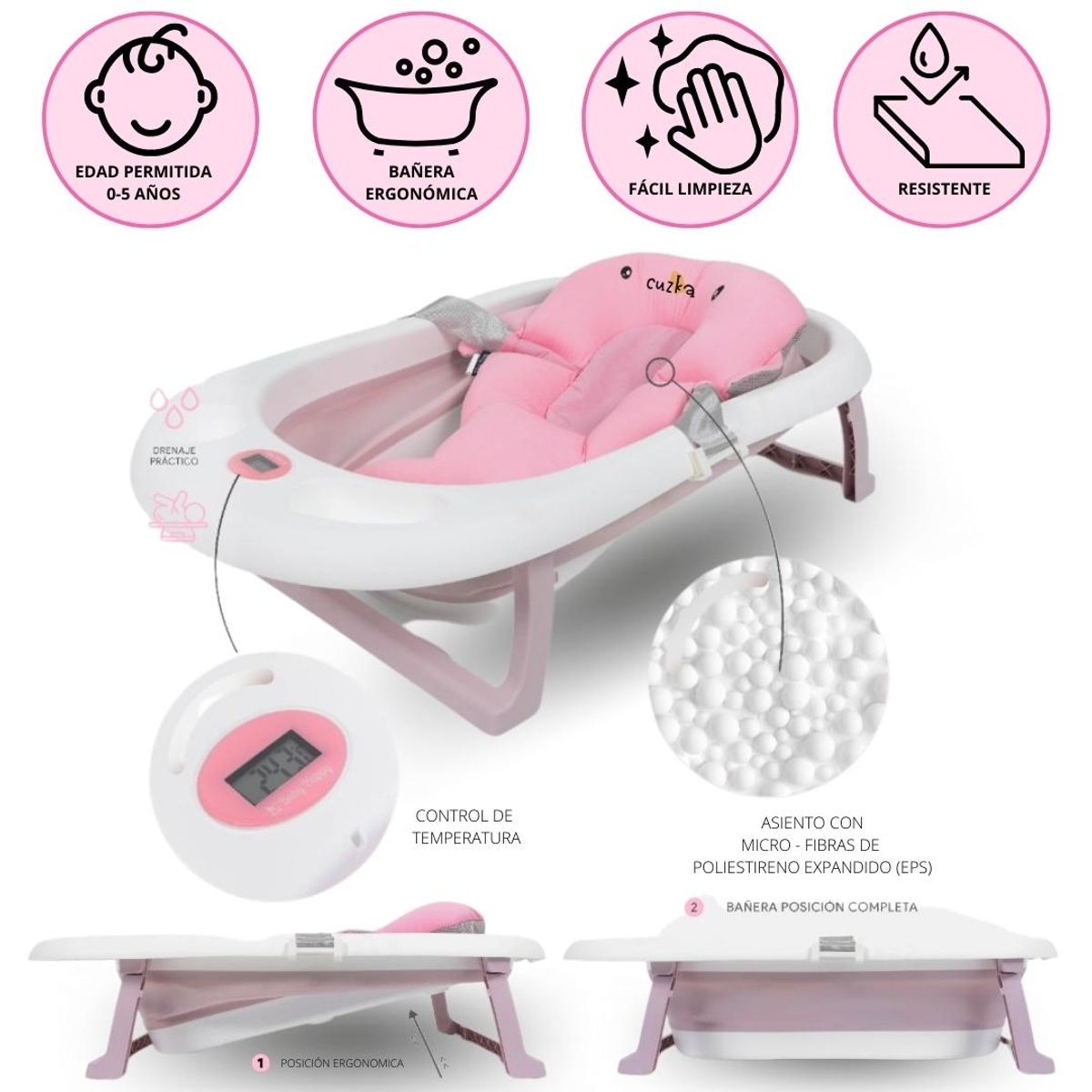 BABY HAPPY - Bañera Plegable con Almohada para Bebé «PARTY» Pink